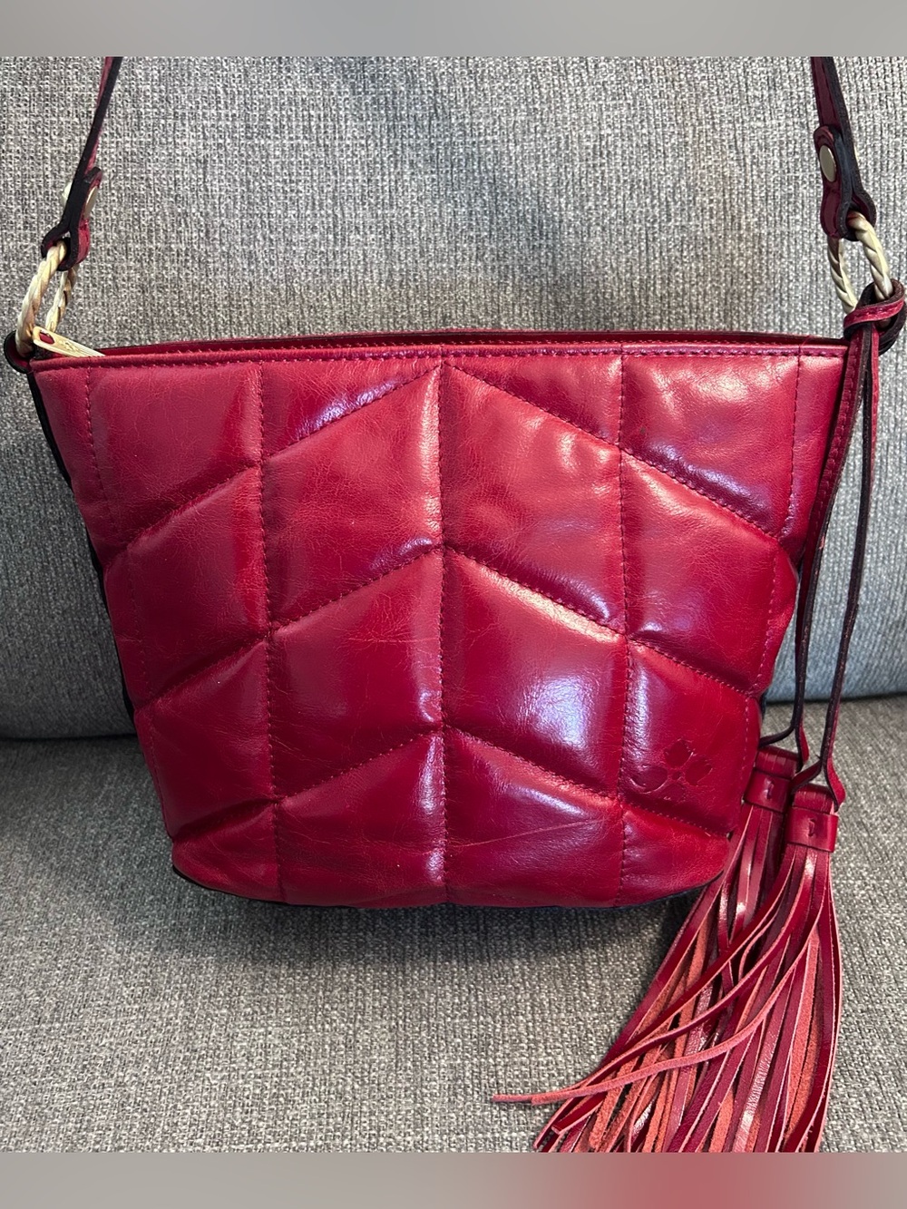 Patricia Nash Voletta Quilted Leather Crossbody Bag with Tassel in Berry Red